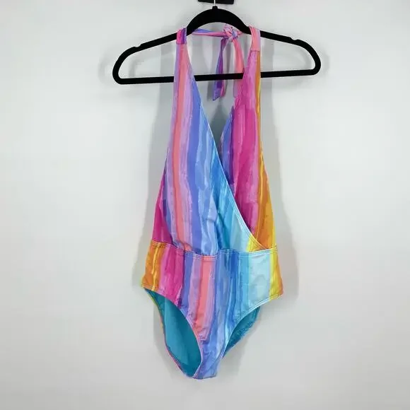 NEW RACHEL Rachel Roy One Piece Swim Suit Swimwear XL Rainbow Halter Wrap - Picture 3 of 10